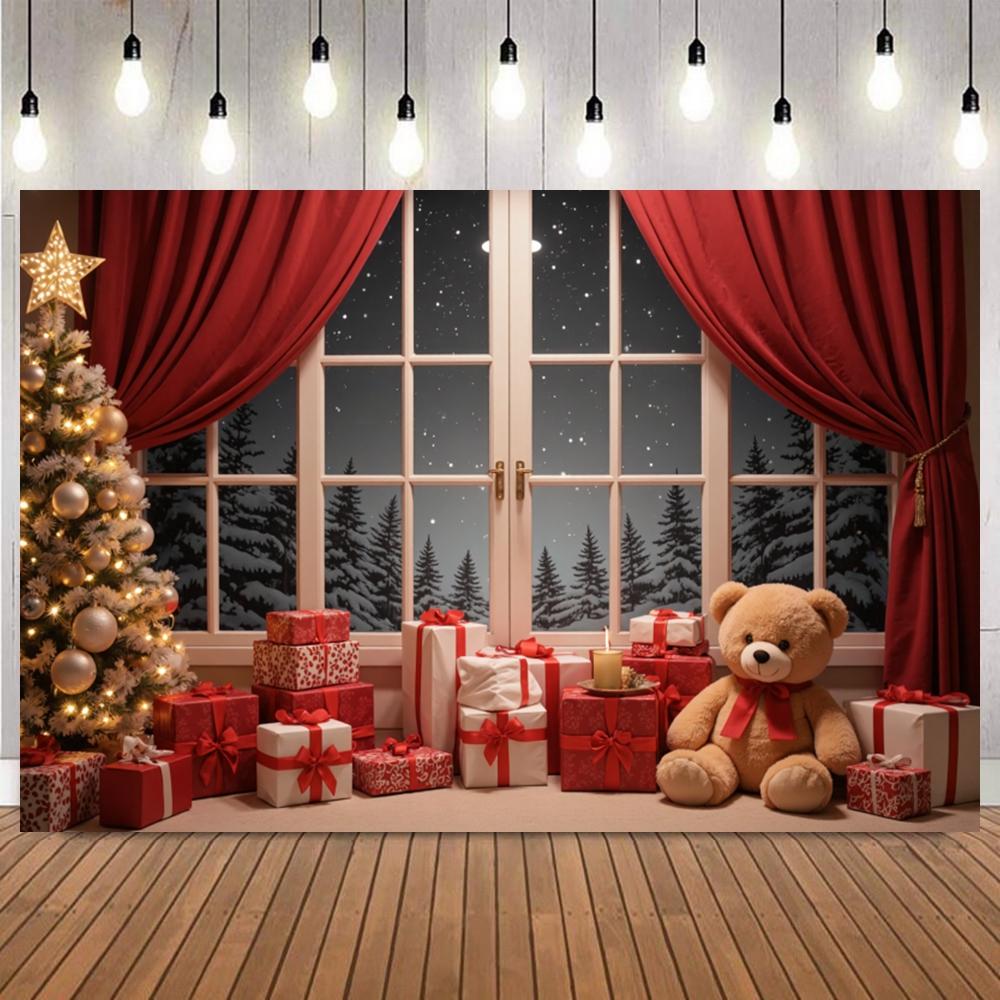 Winter Christmas Photography Background Window Curtain Fireplace Snow Xmas Tree Kids Family Portrait Home Decor Photo Backdrop7