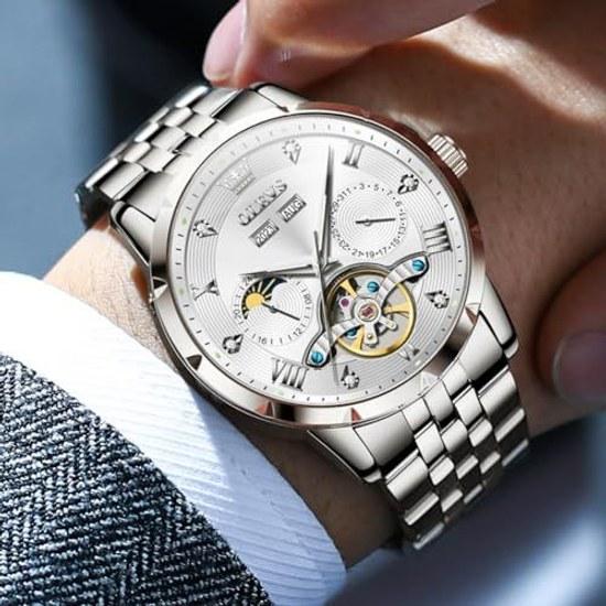 OLEVS watch men mechanical automatic winding moon phase stylish skeleton waterproof popular luminous white