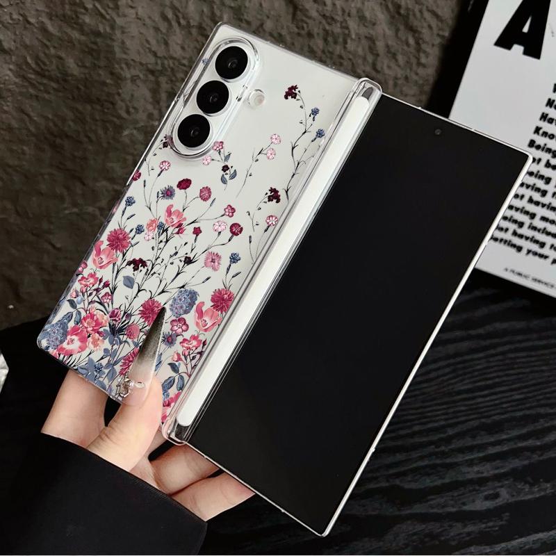 Magnetic Adsorption Phone Case For Samsung Galaxy Z Fold 7 6 5 Fold7 Fold6 Fold5 5G Retro Flowers Pattern Clear Shockproof Cover