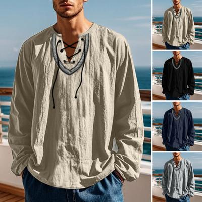 Men Causal Shirt Lace-up V Neck Loose Fit Long Sleeves Shirt Vintage Ethnic Boho Spring Fall Breathable Cotton Men Sweatshirt Top