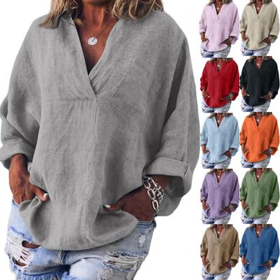 Women's Fashion Casual Cotton Linen V-Neck Long Sleeve Pullover Top