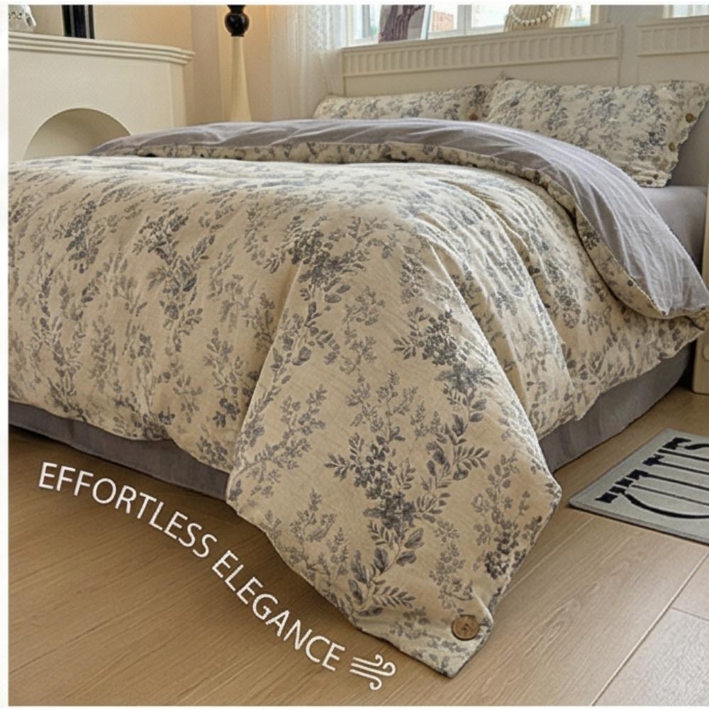 Pure Cotton Four-piece Set - Retro Floral Buttoned Bed Sheets and Pillowcases Set