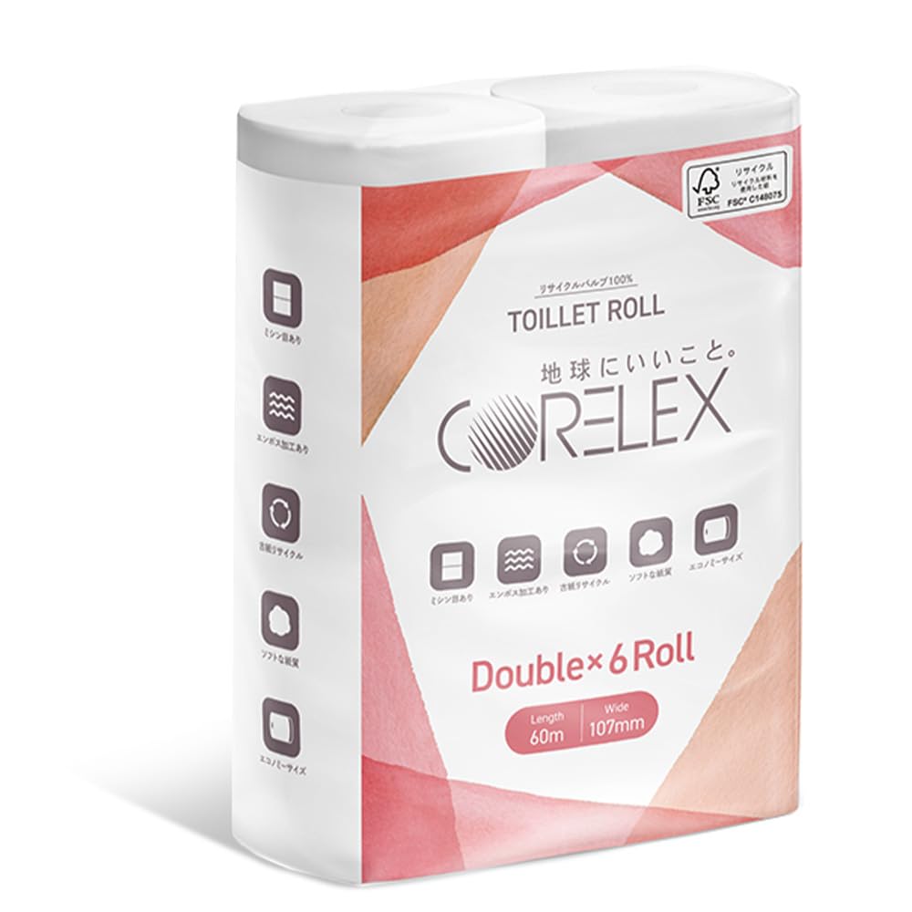 Corelex Toilet Double Made in 60m x 6 Rolls rolls equal 12 1 Paper, Ply, Japan, (Double Length) (6 rolls)