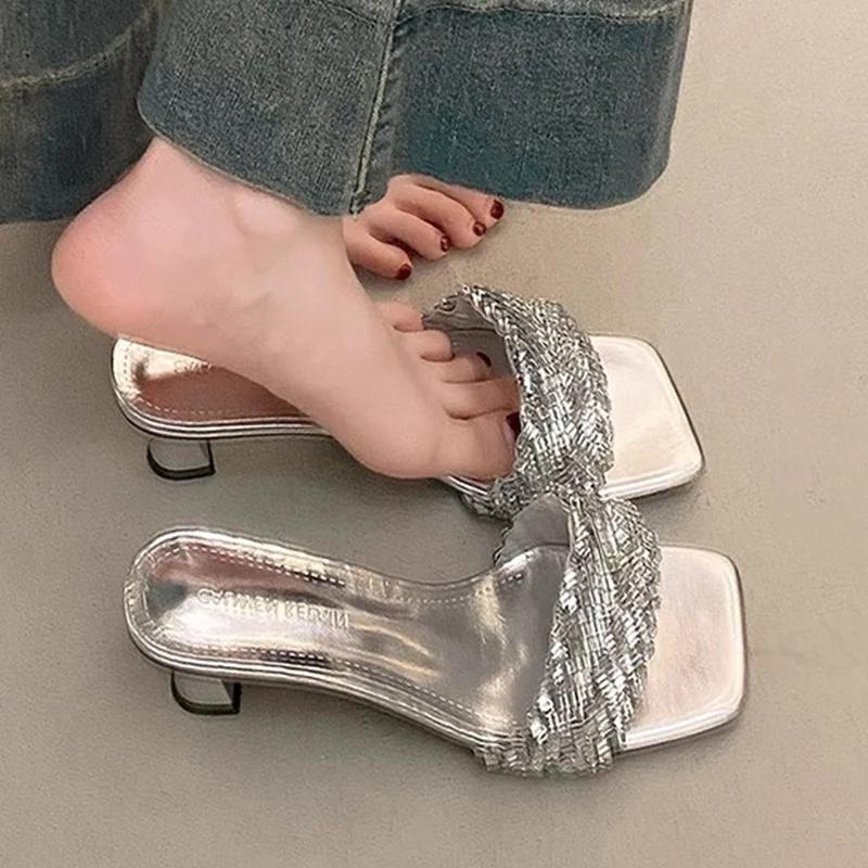 

Fashion Women Slippers Fashion Luxury Sandals Dress Elegant Woman Heeled Shoes 2025 Summer Sexy Dress Slides Flip Flops Mujer Zapatos 40 серебряный