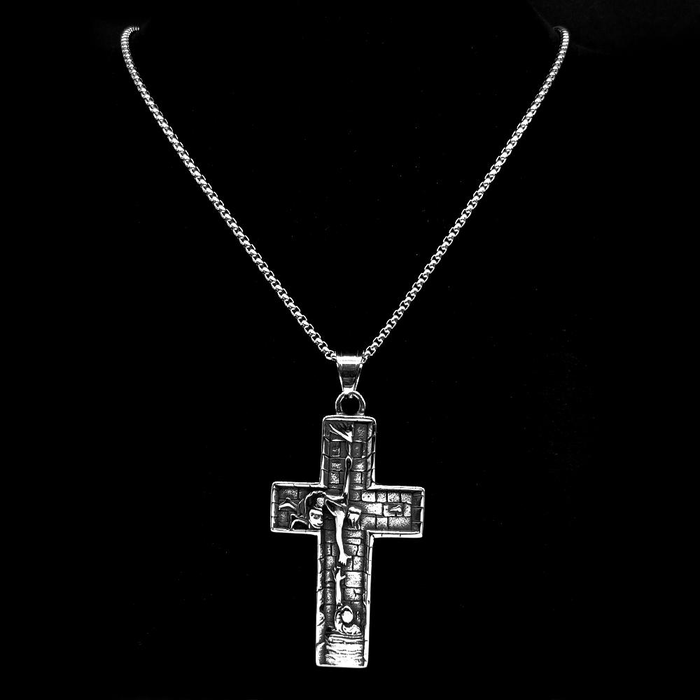 Collares Colgantes Cruz Salvador Crucifijo de Jesucristo Cristiano de Acero Inoxidable para Hombres Mujeres Color Plata Cadena Vintage Joyería Regalo