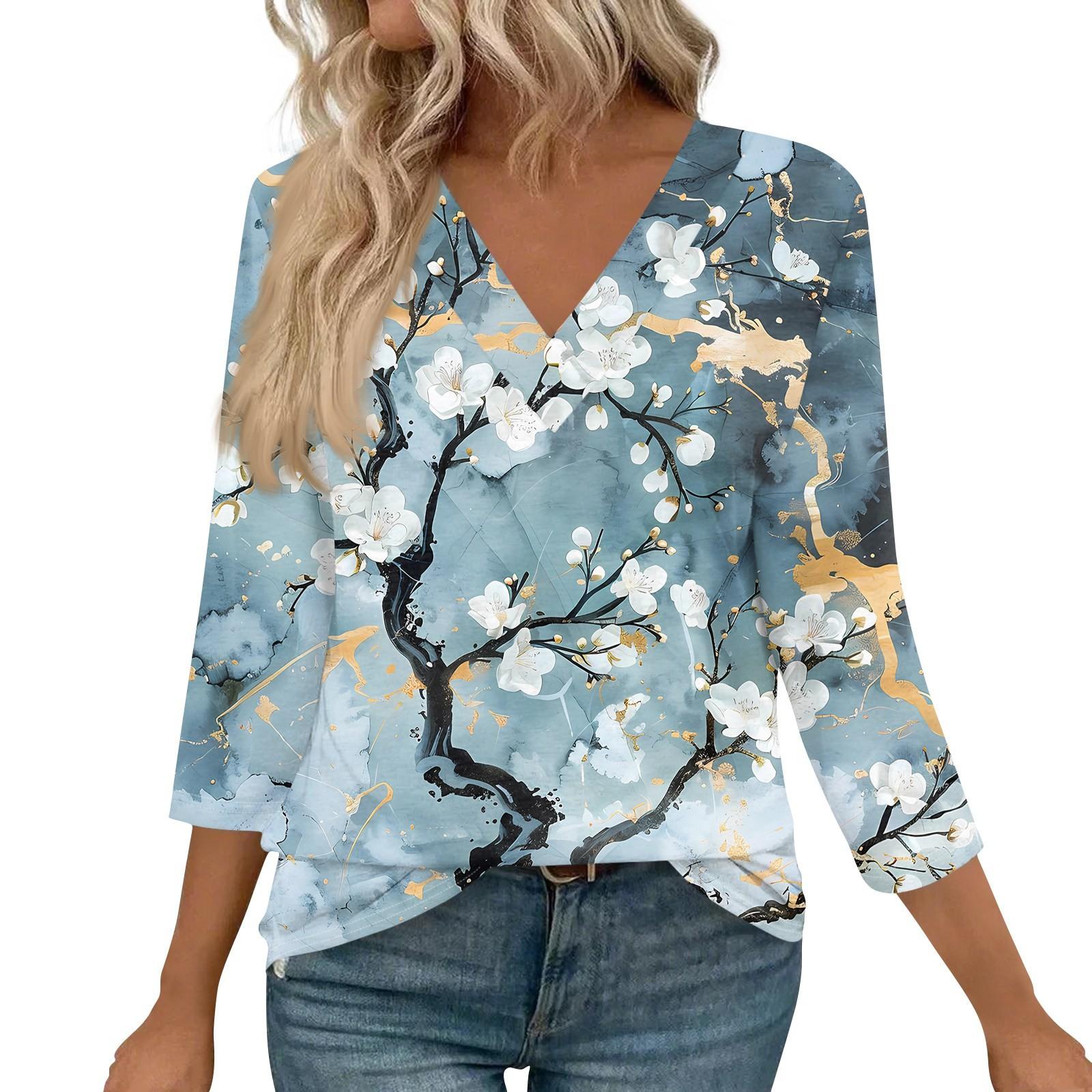 

Женские рубашки с рукавом 3/4, топы с принтом и V-образным вырезом, повседневные топы, базовые футболки, блузки, свободные топы XXXL циан