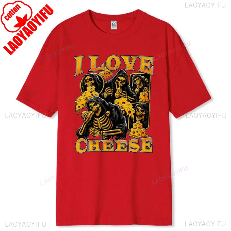 Skeleton Shirt Funny Meme I Love Cheese Cursed Tee Cotton Summer Short Sleeve Casual Stupid Graphic Shirt Edgy Humor Gift