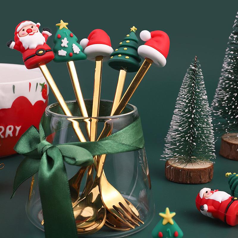 2/4/6Pcs Christmas Fork And Spoon Set,Stainless Steel Creative Tableware,Coffee Tea Dessert Forks And Spoons Gift Set