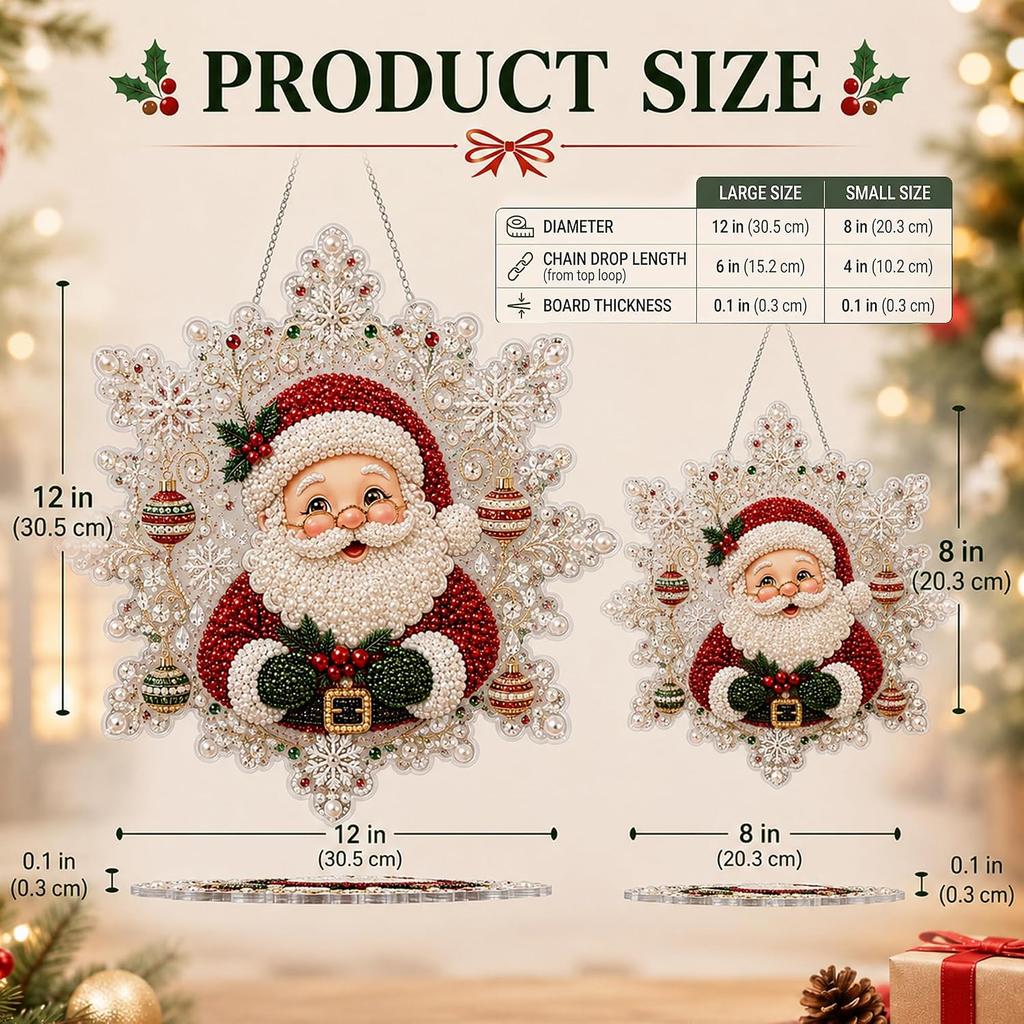 Christmas Pearl Diamond Painting Suncatcher Kit - 8 Inch Acrylic Snowflake Ornament with 3D Mixed-Size Beads Pre-Assembled Metal Chain for Holiday