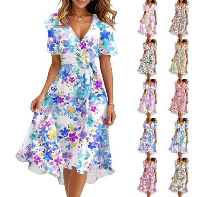 Damen Sommer Mode V-Ausschnitt Glockenkleid Kurzarm Blumenkleider