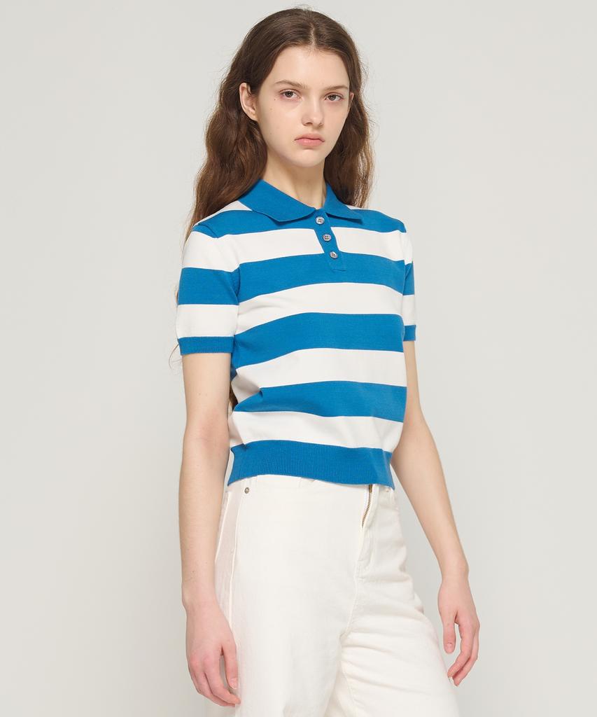 CARGOBROS FOR WOMAN Striped Collar Short Sleeve Knit (Blue)