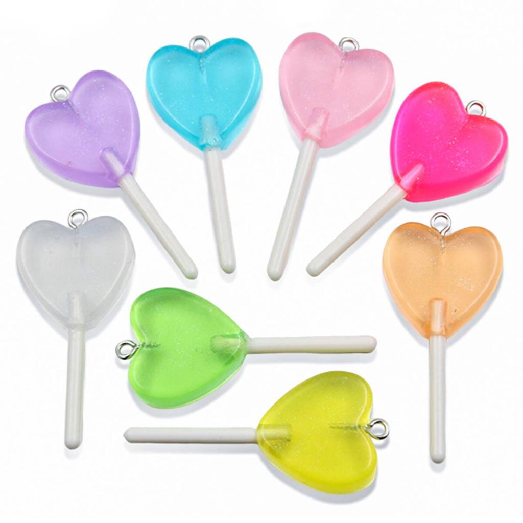 Handmade Glitter Lollipop Resin Star & Heart Pendants - Set of 3 DIY Color Sticks