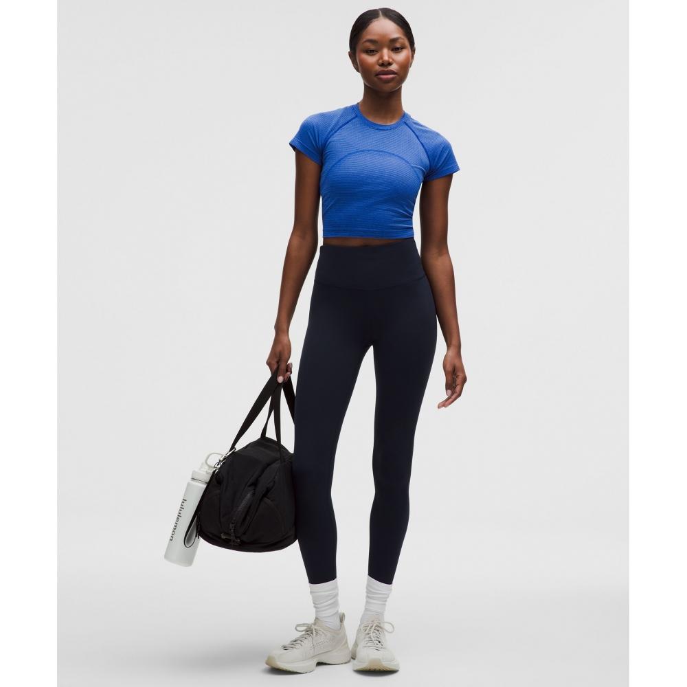 Lululemon Swiftly Tech Cropped Short Sleeve Shirt 2.0 Spandex Stripe Riverside Starch Blue