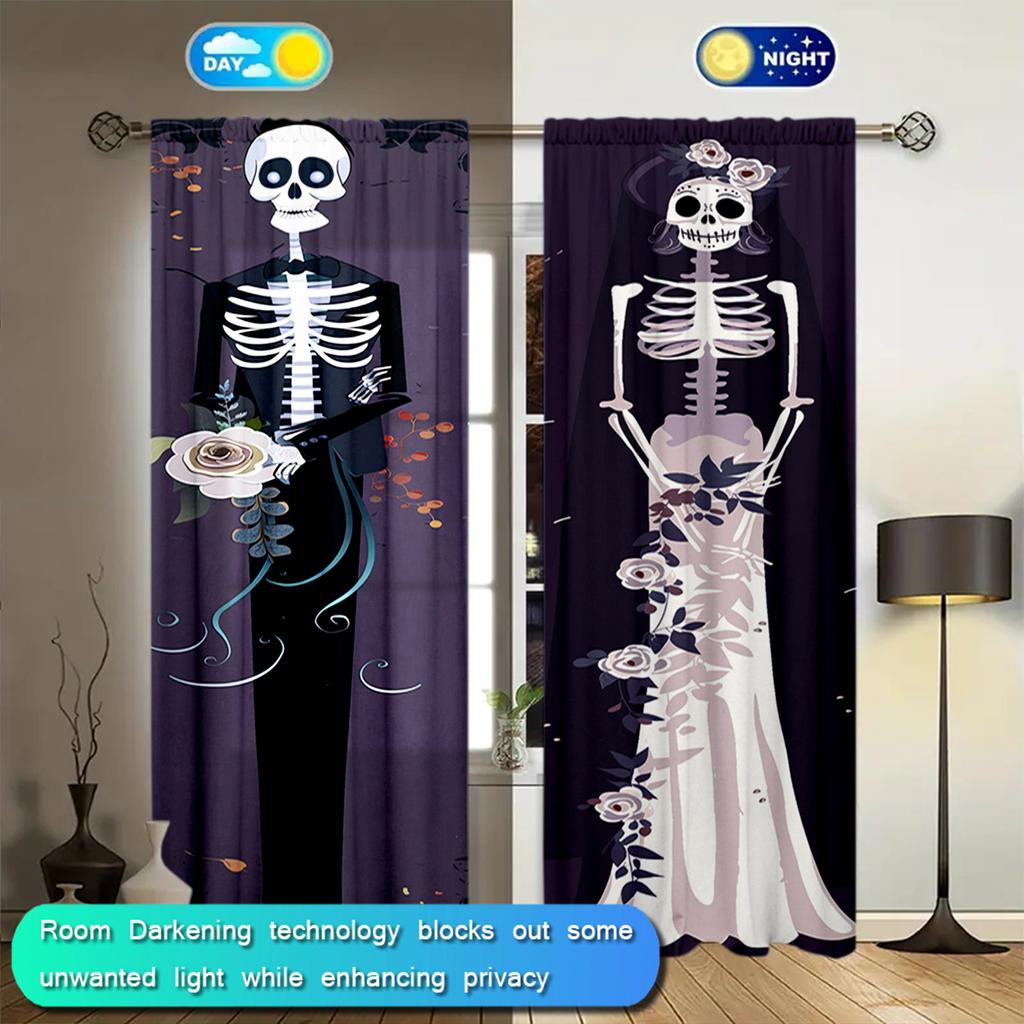 2pcs Gothic Skeleton Wedding Dress Printed Curtain for Home Decor - Rod Pocket Window Treatment for Bedroom, Office, Kitchen