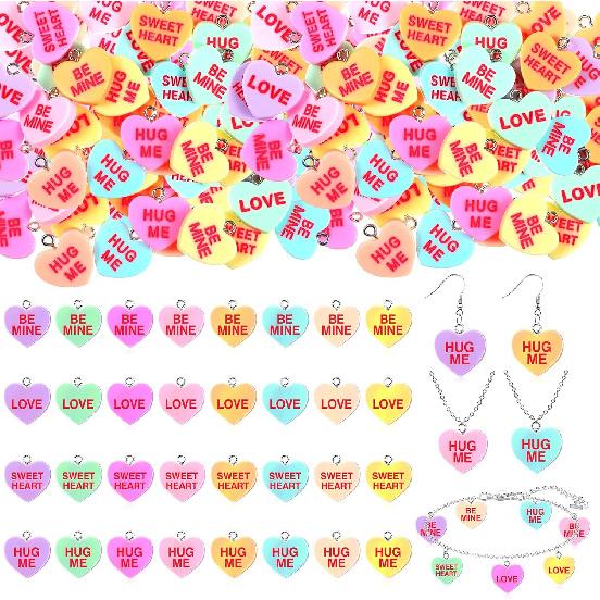 Highergo 128 Pcs Valentines Heart Charms Bulk Conversation Heart Charms Resin Heart Pendant Valentine Charms for Jewelry Making DIY Craft Valentines
