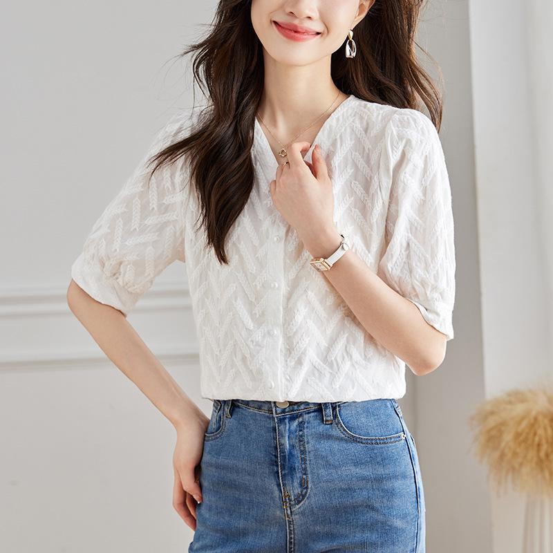 

V-neck Puff Sleeve Short-sleeved Summer New White Cotton V-neck Shirt Top M
