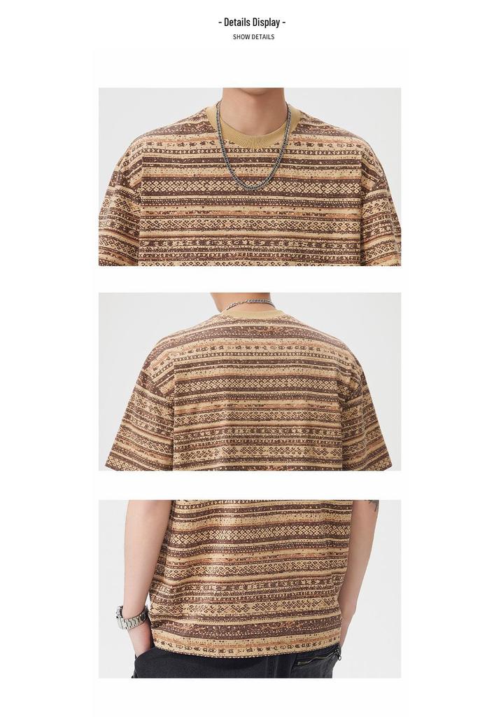 Men's Vintage Ethnic Striped Short Sleeve Loose T-Shirt