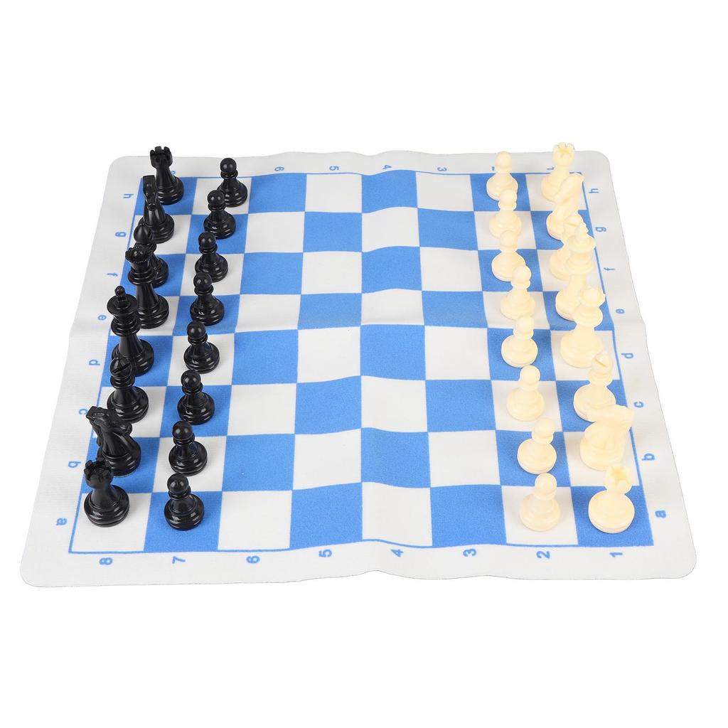 Chess Set Plastic Chess Pieces PU Blue White Chess Board Black Drawstring Pocket Chess Game Set for