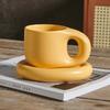 1Set 350ml Ceramic Coffee Chubby Mug Saucer Set Creative Cute Fat Handle Cup with Saucer for Office and Home Room Decor