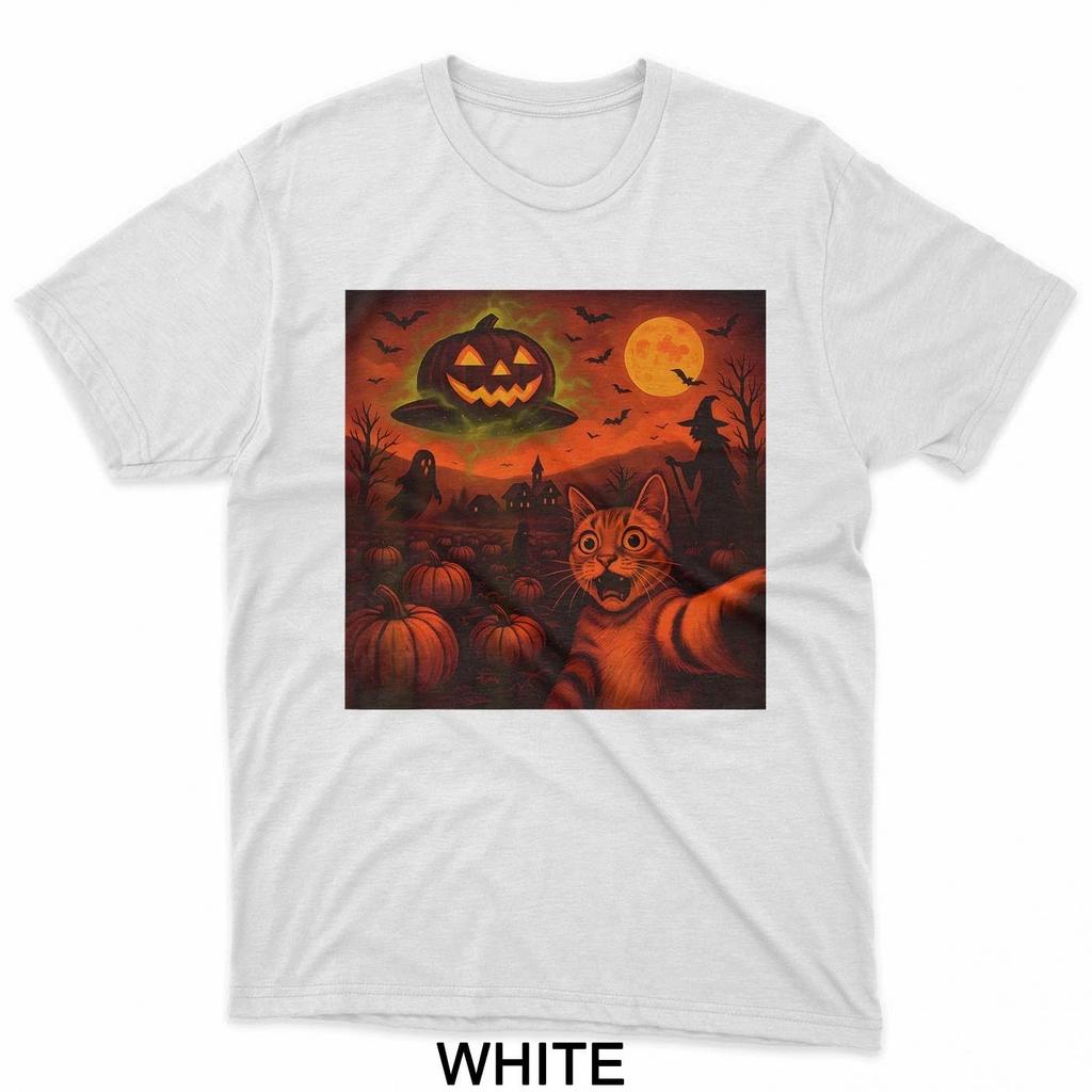 HOT SALE Funny Halloween Cat Selfie Pumpkin Ghost T-Shirt Gift New T-Shirt Soft  Round-neck Tee Streetwear Style