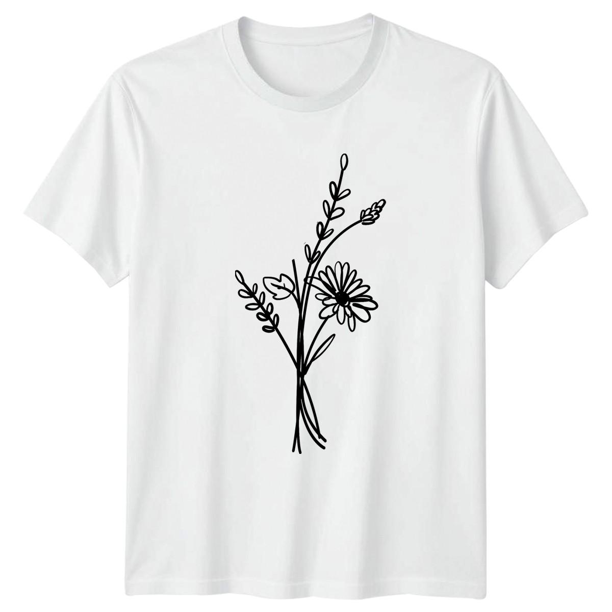 Minimalist Botanical Wildflower Bunch T-Shirt Line Art Floral Birthday Gift S