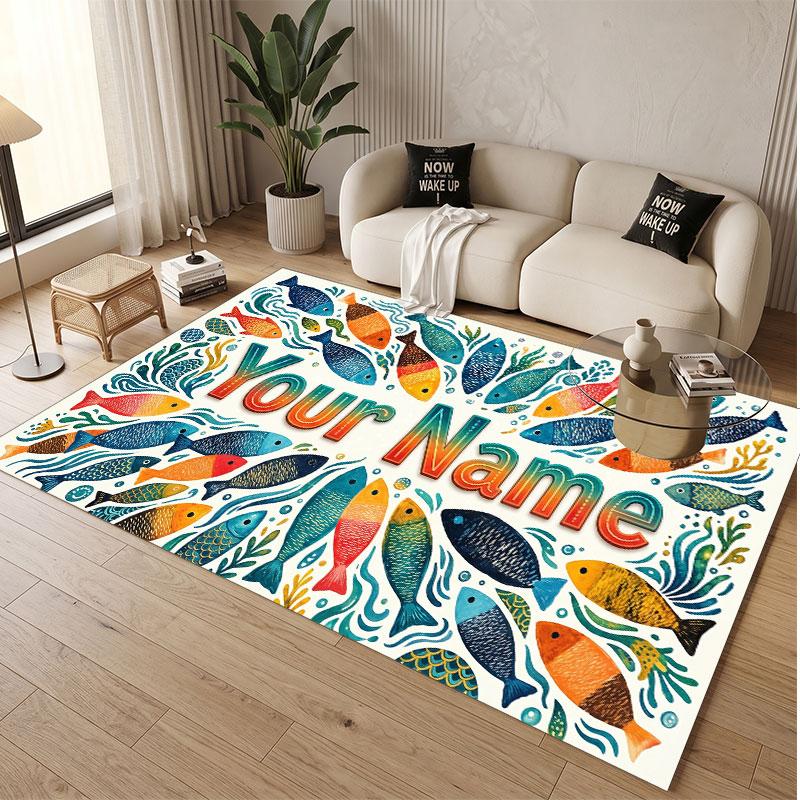 Fish Ocean Theme Soft Crystal Velvet Rug Custom Name & Text Print Non Slip Floor Rug for Bedroom Living Room