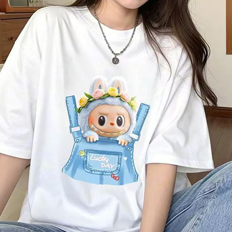 

Женская футболка с коротким рукавом, футболка с принтом Лабубу, летняя повседневная модная одежда, мультяшная милая аниме-топ для девочки S