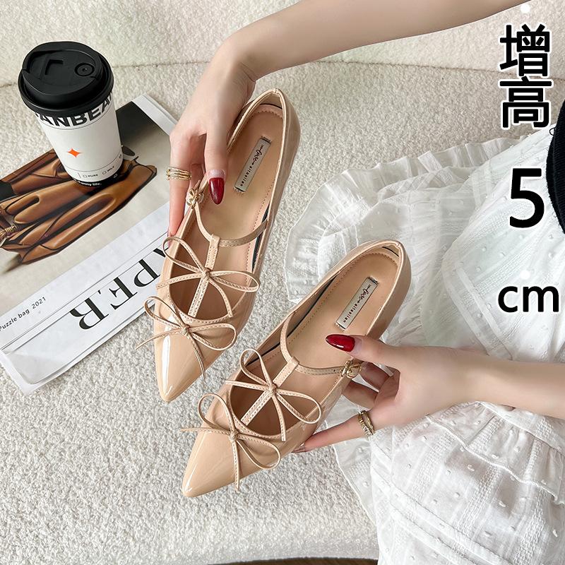 

5см внутрішнє збільшення висоти подвійний бант Т-подібний ремінець туфлі-човники жіночі літні гостроносі Мері Джейн туфлі жіночі туфлі для збільшення зросту жіночі 40 абрикосовий