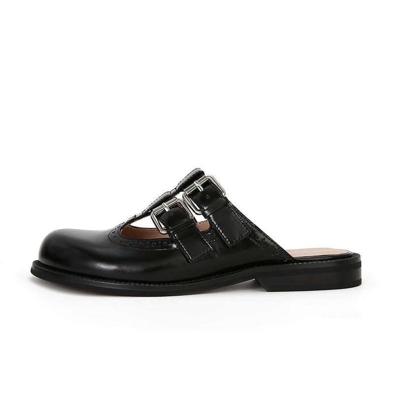 Grape mother has the same style in the summer of 2025, the new round head double buckle lazy person wears a pedal bag head Muller half slippers women