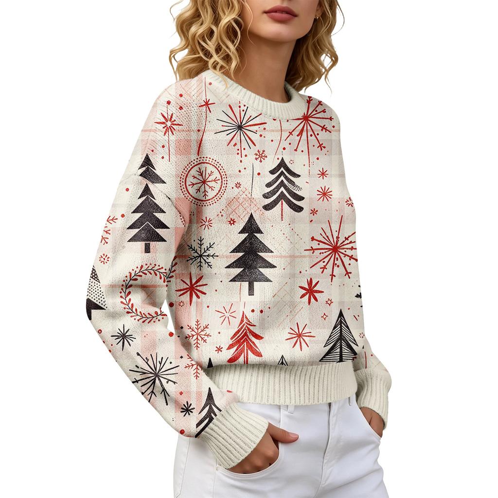 Women's Christmas Print Crewneck Long Sleeve Sweater for Fall Winter Casual Wear