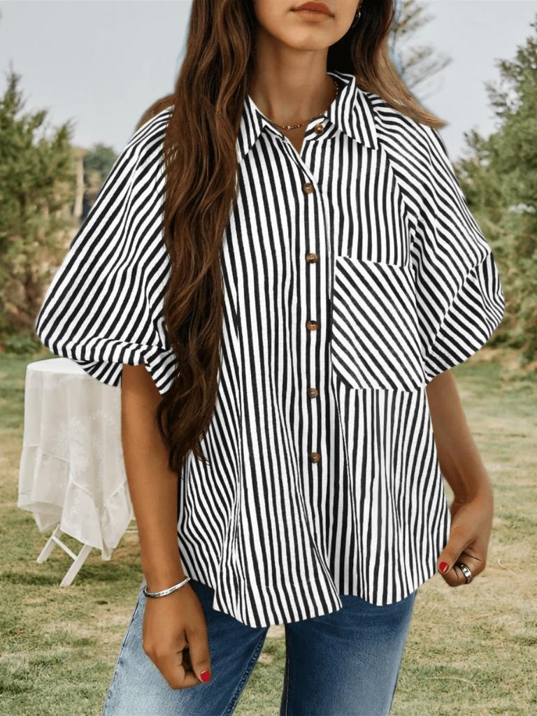 Blusa de Mujer Rayada con Mangas Abullonadas, Cuello en V, Cuello Camisero, Botones, Top Holgado