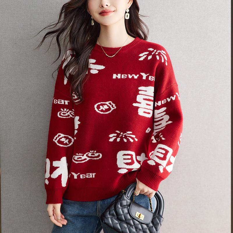 New Year Congratulations on Making A Fortune and Festive Sweater for Women In Winter Large Thick Warm Jacquard Knitted Base Shirt