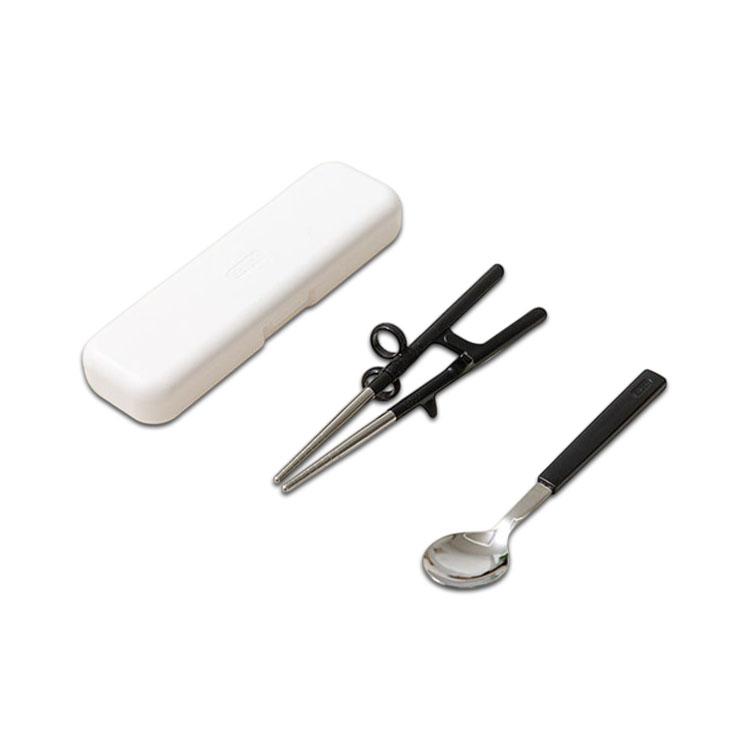 Edison Junior Stainless Steel Chopsticks Spoon Case Set Black (Right-Handed) Chopsticks + Spoon + Case Set
