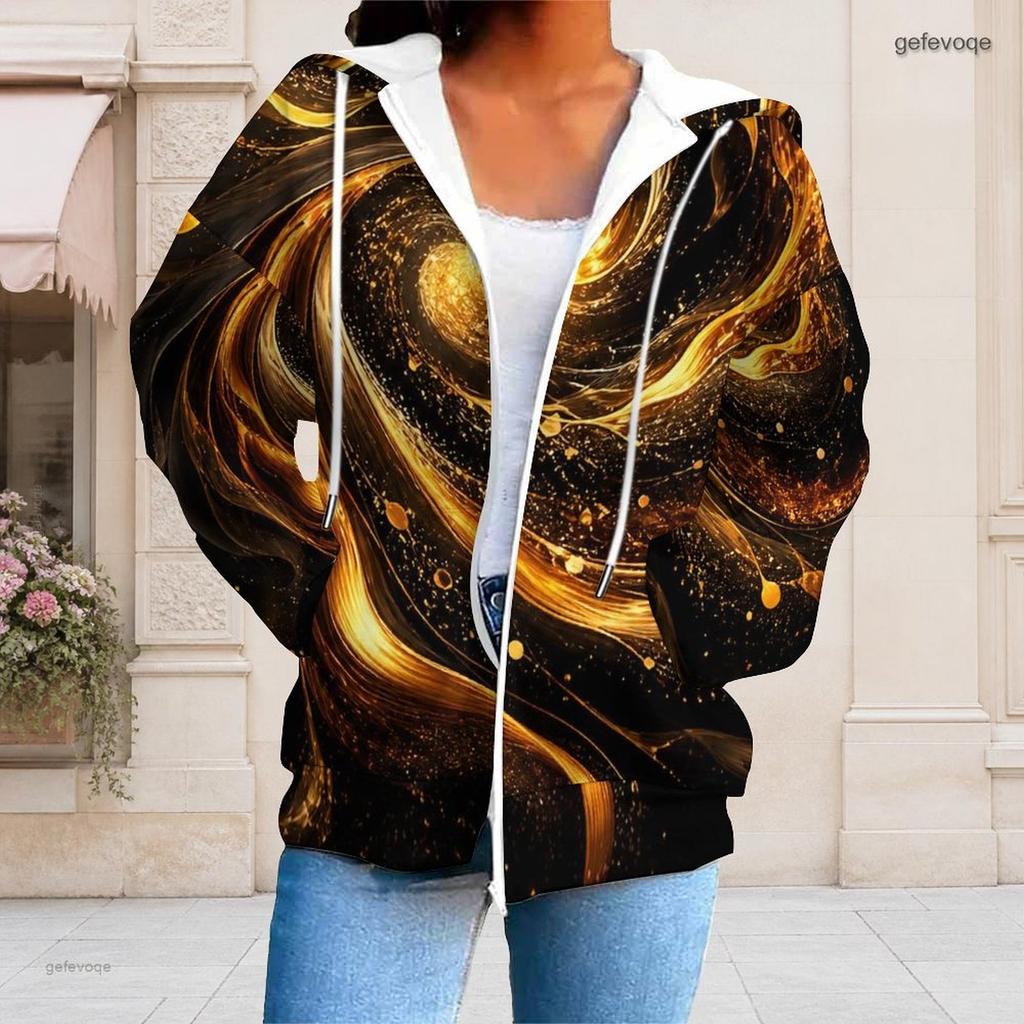 Women Plus Size Long Sleeve Zip Up Hoodie Red Black Abstract Printed With Drawstring Hood And Pockets