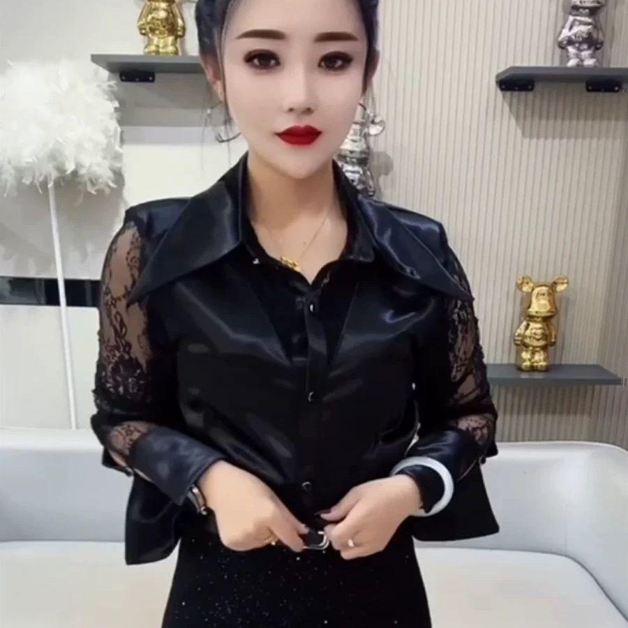 

French Light Luxury Design Lace Splicing Pointed Collar Long-sleeved Shirt for Women Autumn and Winter New Slim Fit Top XXL чорний