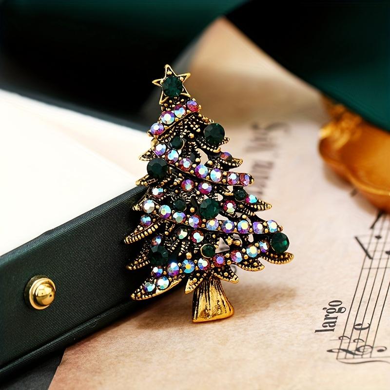 Vintage Christmas Tree Brooch Pin with Green Gemstones & Golden Accents - Elegant Accessory for Dresses Coats Scarves - Festive Jewelry Gift for Women
