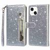 For iPhone 15 Glittery Zipper Pocket Leather Case Wallet Stand Anti-drop Phone Cover