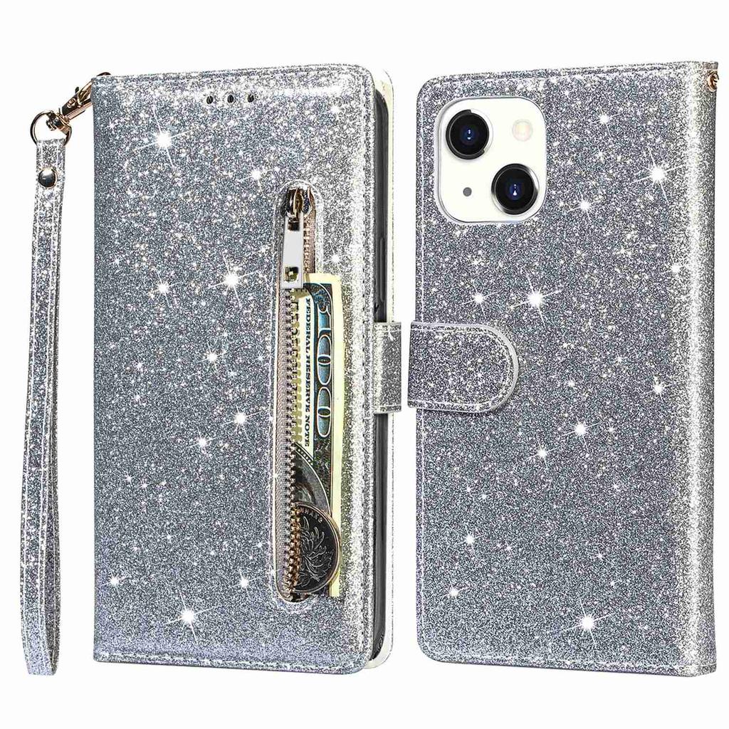 For iPhone 15 Glittery Zipper Pocket Leather Case Wallet Stand Anti-drop Phone Cover