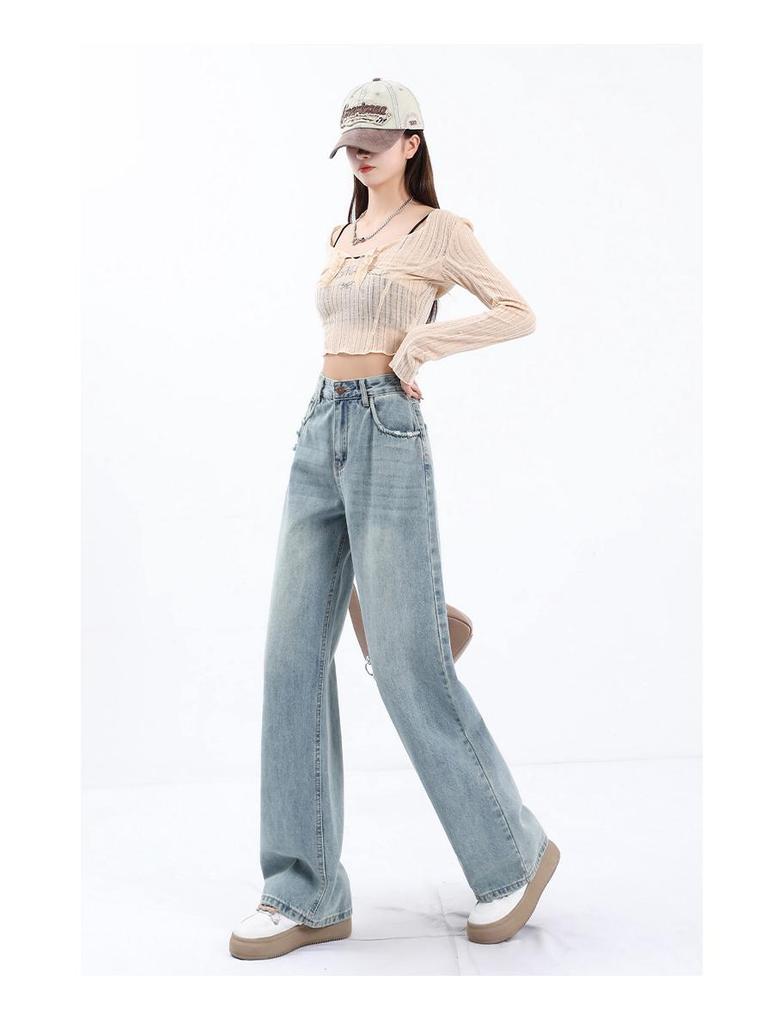 Spring 2024 High-Waisted Light Wide-Leg Jeans for Women: New Slimming, Loose Straight-Leg Design