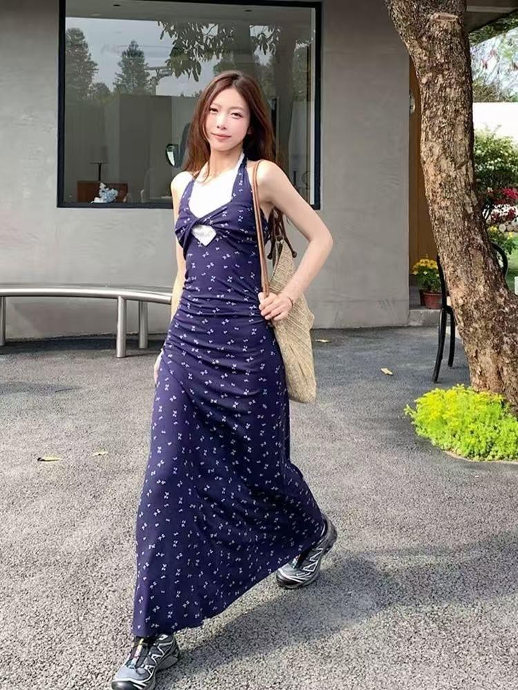 Kink Lace Neck Sling Floral Dress Women's Summer New Seaside Vacation Beach Dress