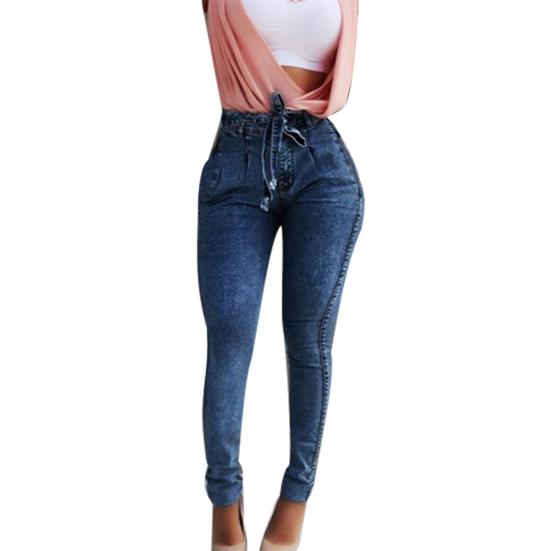Damen High Waist Quasten Gürtel Slim Stretch Jeans Denim Leggings Bleistifthose