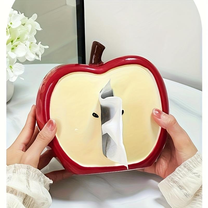 Creative Apple Core Tissue Box Holder ,Whimsical Ceramic Napkin Dispenser with Cute Cartoon Face Design, Decorative Tissue Box for Living Room