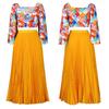Women V Neck Printed Top Pleated Long Skirt Two Piece Casual Clothing Set