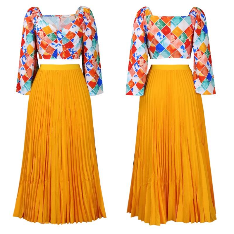 Women V Neck Printed Top Pleated Long Skirt Two Piece Casual Clothing Set