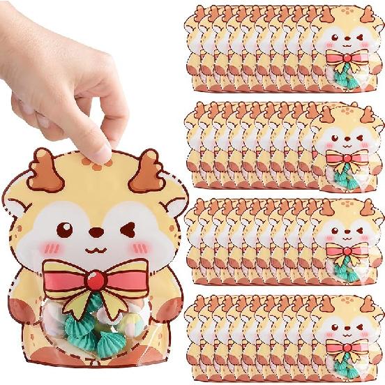 50 Pieces Resealable Plastic Bags, Cartoon Bow Bags with Clear Window, Packaging Pouch Party Bags Kids Birthday Candy Bags Resealable Sample Bags for