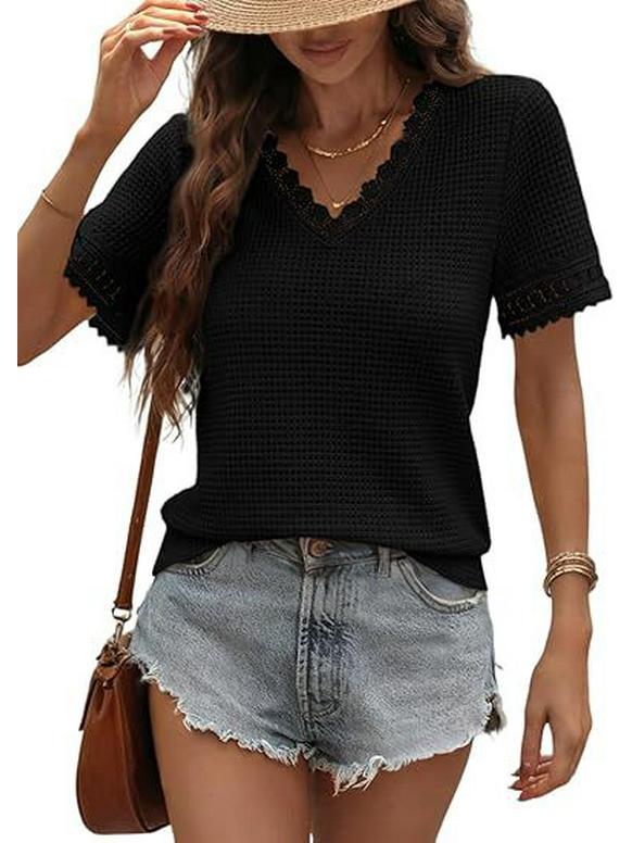 2026 Women s Casual V-neck Short-Sleeved Waffle Knit Top with Lace Patchwork XXL чёрный