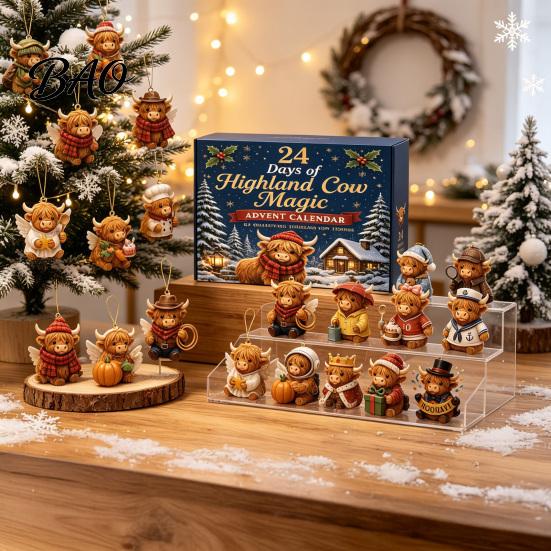 Unique Christmas Ornaments Highland Cow Advent Calendar, 24 Acrylic Ornaments, Decorative Surprise Gift 2D Flat Hanging Charms for Tree Decoration