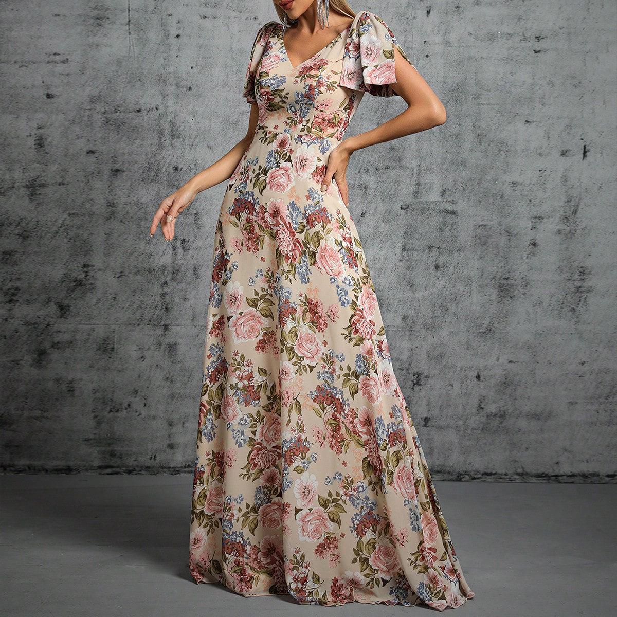 

Floral Deep V-Neck Long-Sleeve Draped Evening Dress for Women M