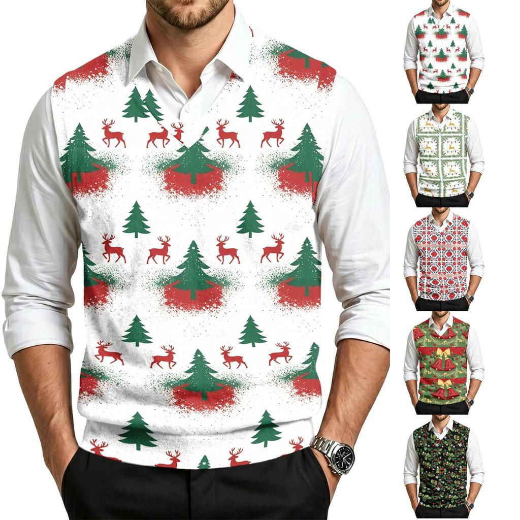 Herren Woll V-Ausschnitt Strickweste, Ärmelloser Pullover mit Weihnachtsdruck für den Feiertags-Pendelverkehr