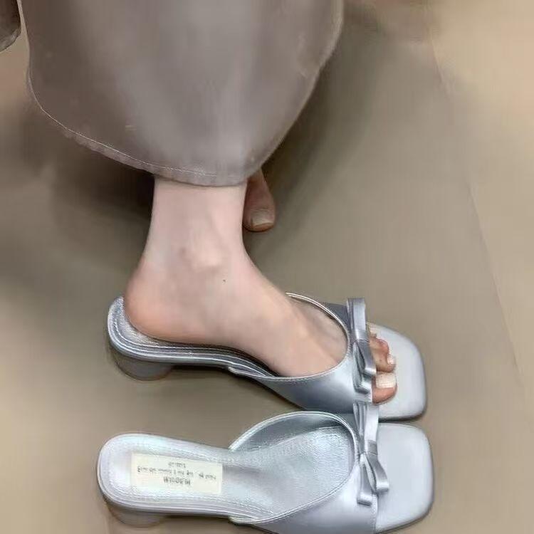 Elegant fairy style French sandals with square head outside 2025 bow summer one-word belt with skirt high-heeled slippers woman